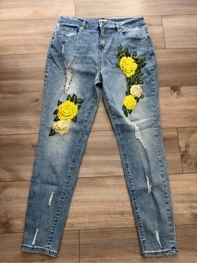 K Jordan Light Blue Skinny Jeans with Yellow & Cream Rose Appliqués